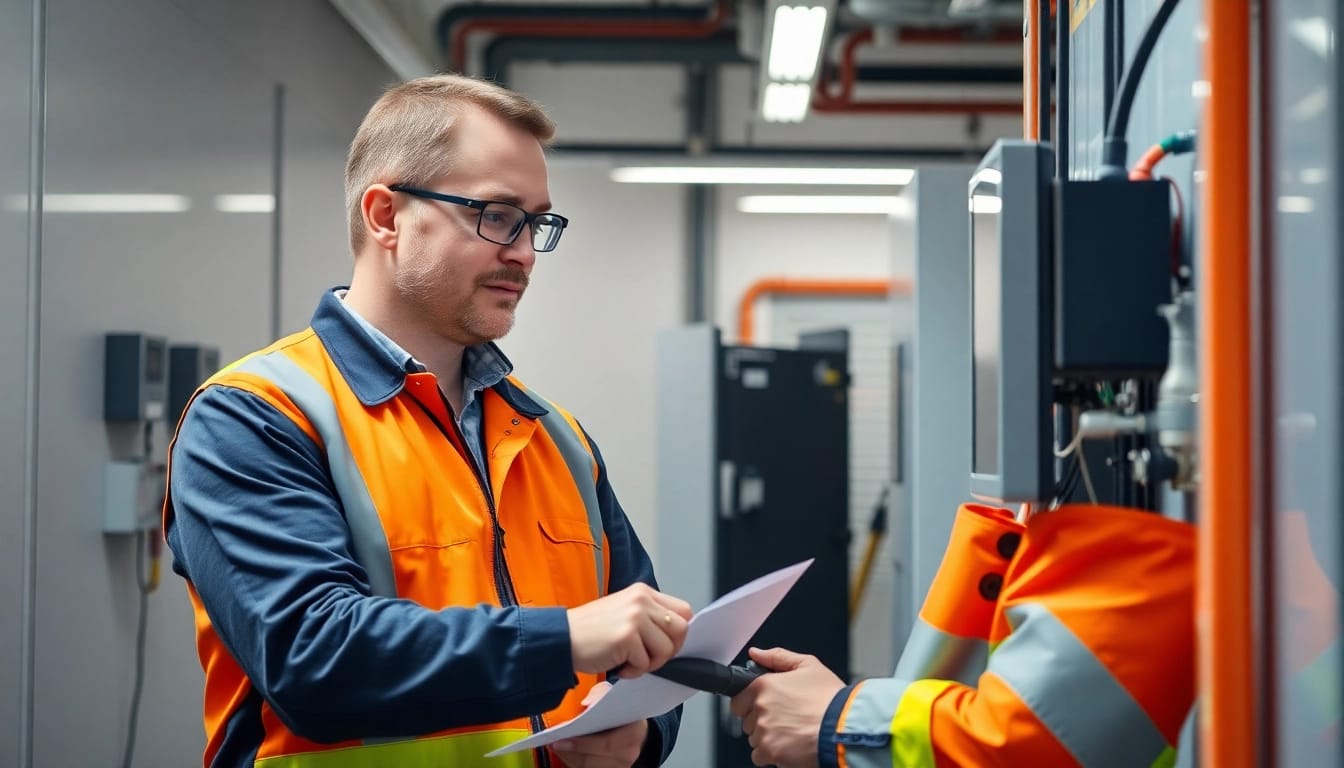 Techniker führt eine DGUV V3 Prüfung an elektrischen Geräten in einem Büro durch.