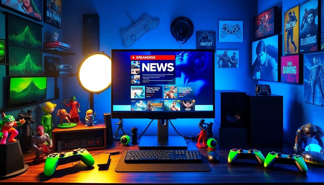 Aktuelle Games News auf einem modernen Gaming-Schreibtisch mit lebendigen Spielzeugfiguren.