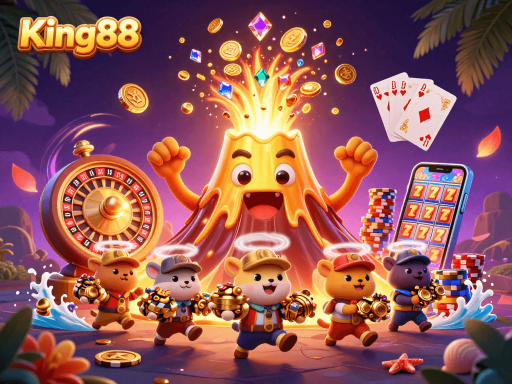 Experience the excitement of King88 as treasure bursts from a golden volcano, showcasing dynamic casino elements.