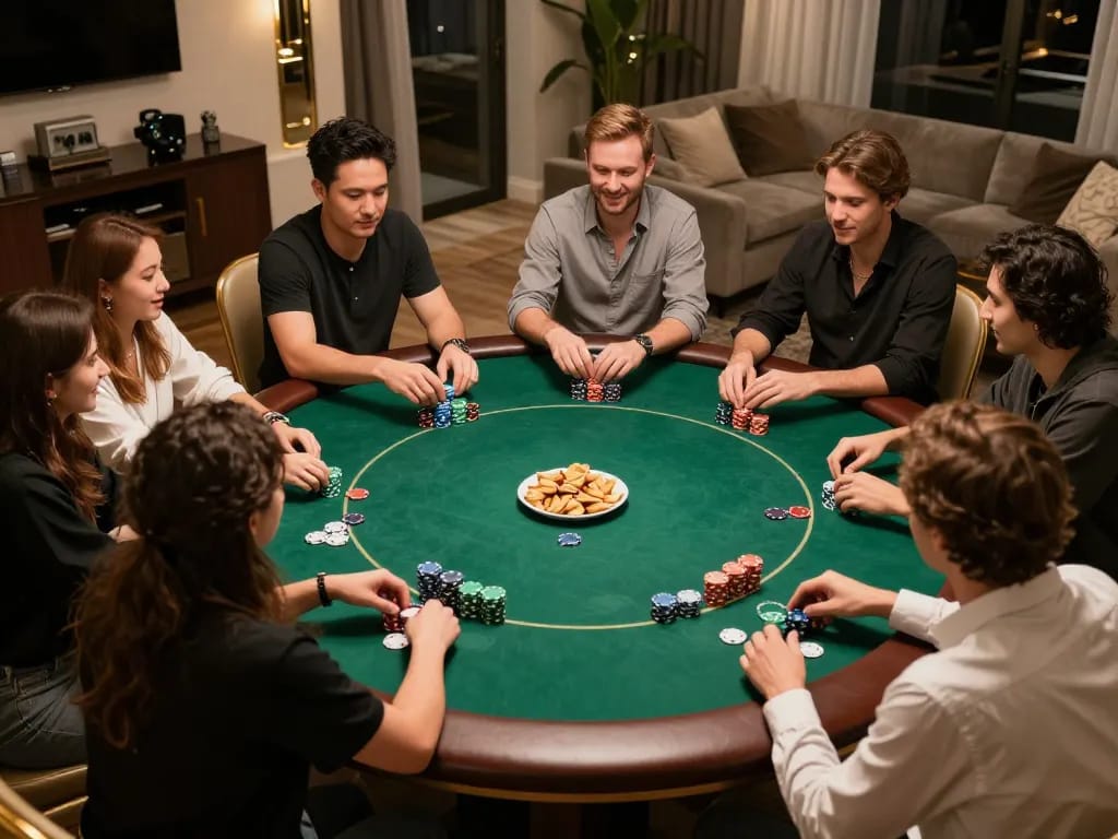 Immobilienmakler Frankfurt Riedberg bei einer freundlichen Poker-Spielnacht, mit sichtbaren Chips und Karten.
