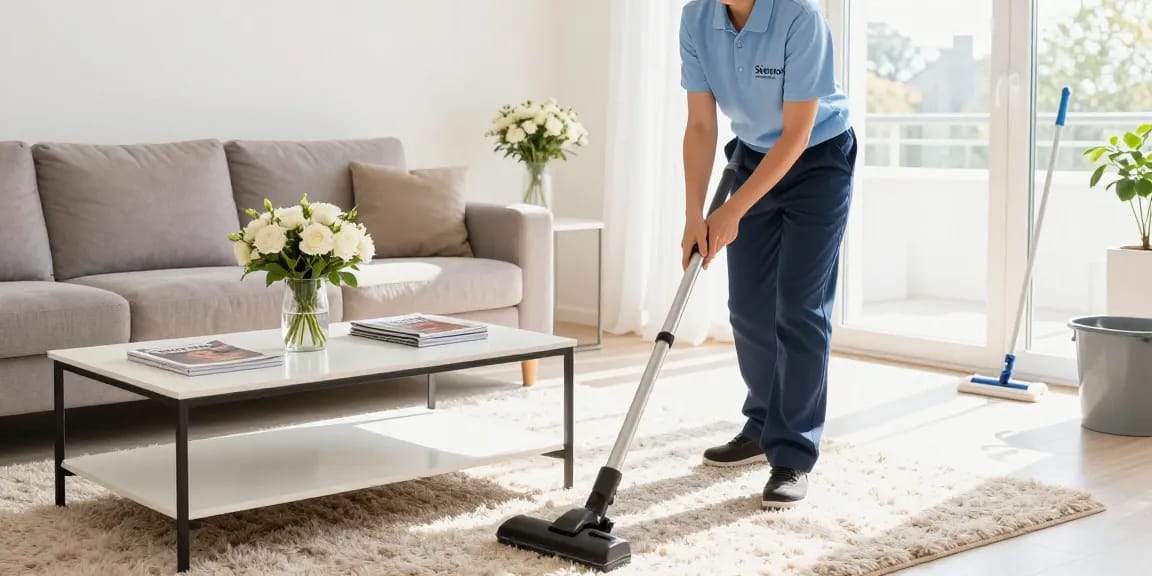 Professional cleaner from reinigungsfirma solothurn vacuuming a cozy living room with sunlight streaming in.