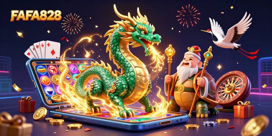 Engage with FAFA828’s thrilling slots as a majestic dragon presides over a vibrant casino scene.
