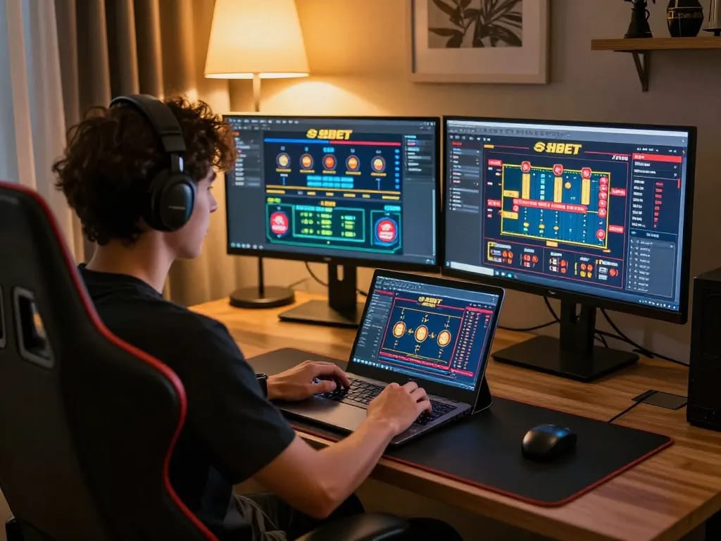 Engaged player immersed in shbet online gaming, analyzing strategies on multiple screens in a cozy home office.