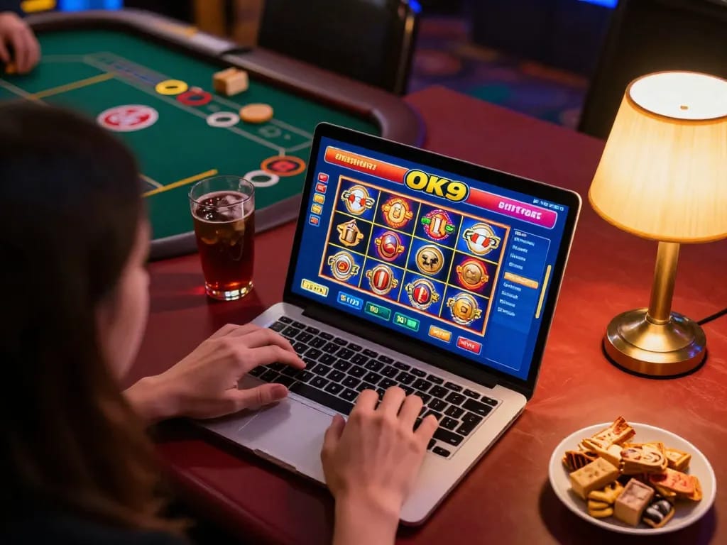 Player engaging with OK9 online casino, enjoying a vibrant gaming experience with colorful slot interfaces.