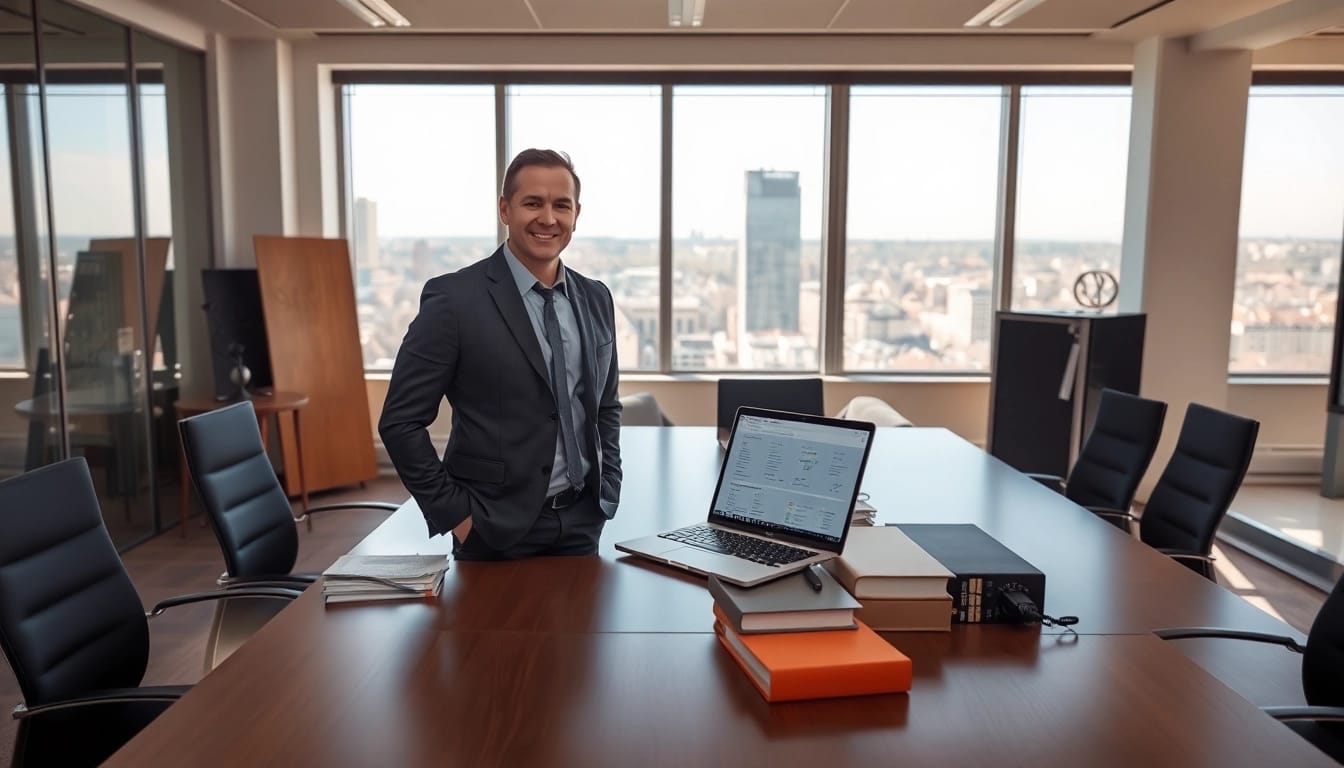 Professioneller Headhunter Halle Saale bei der Arbeit in einem modernen Büro, umgeben von Akten und Laptop.