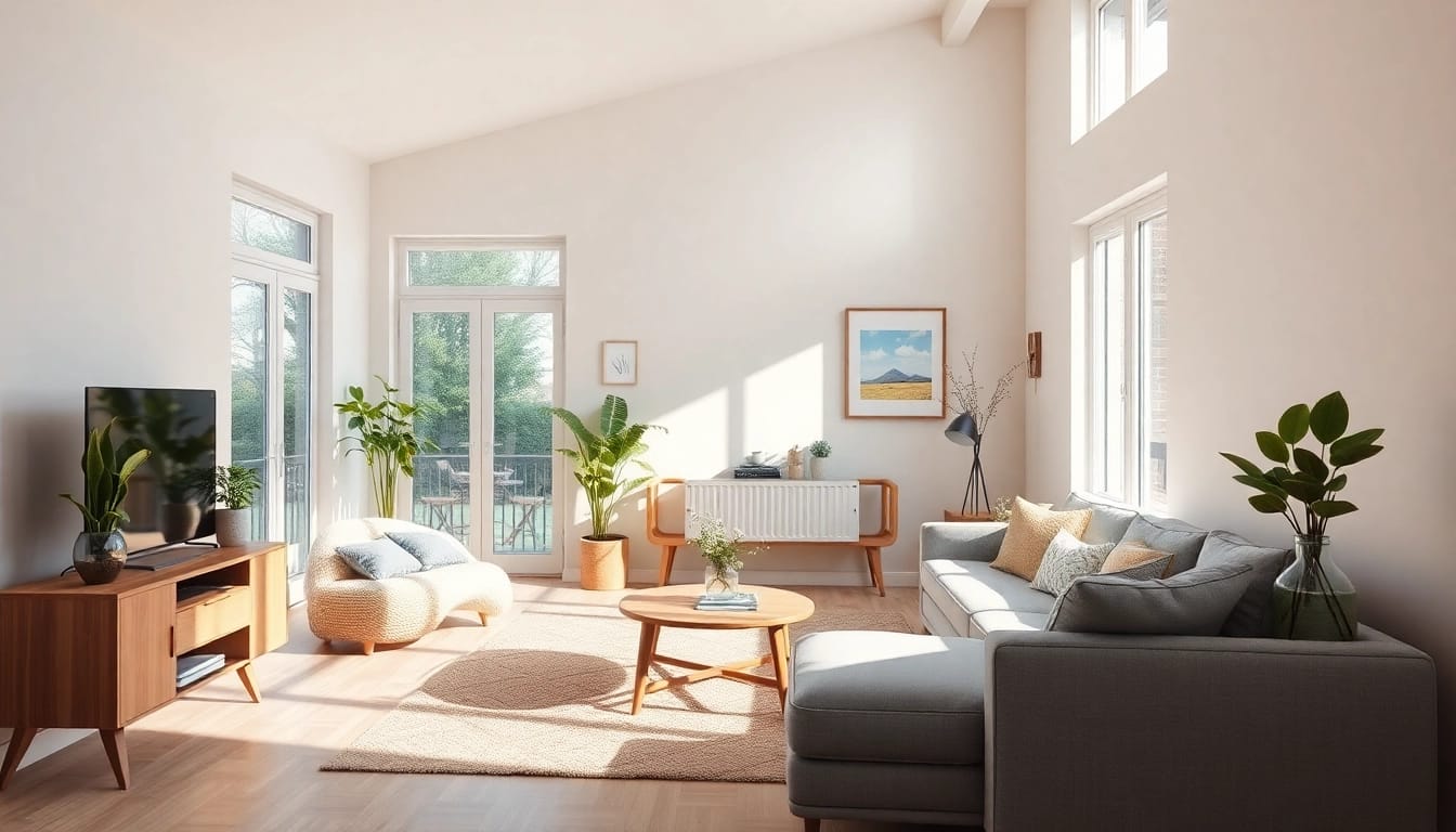 Moderne Raumgestaltung mit hellen Farben und natürlichen Materialien für eine einladende Atmosphäre.