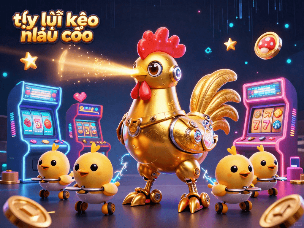 Engage with tỷ lệ kèo nhà cái in this vibrant 3D illustration featuring a golden rooster robot amidst glowing casino elements.