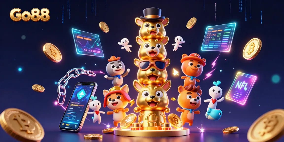 Go88 enhances the gaming experience with vibrant 3D totem characters and crypto elements in action.