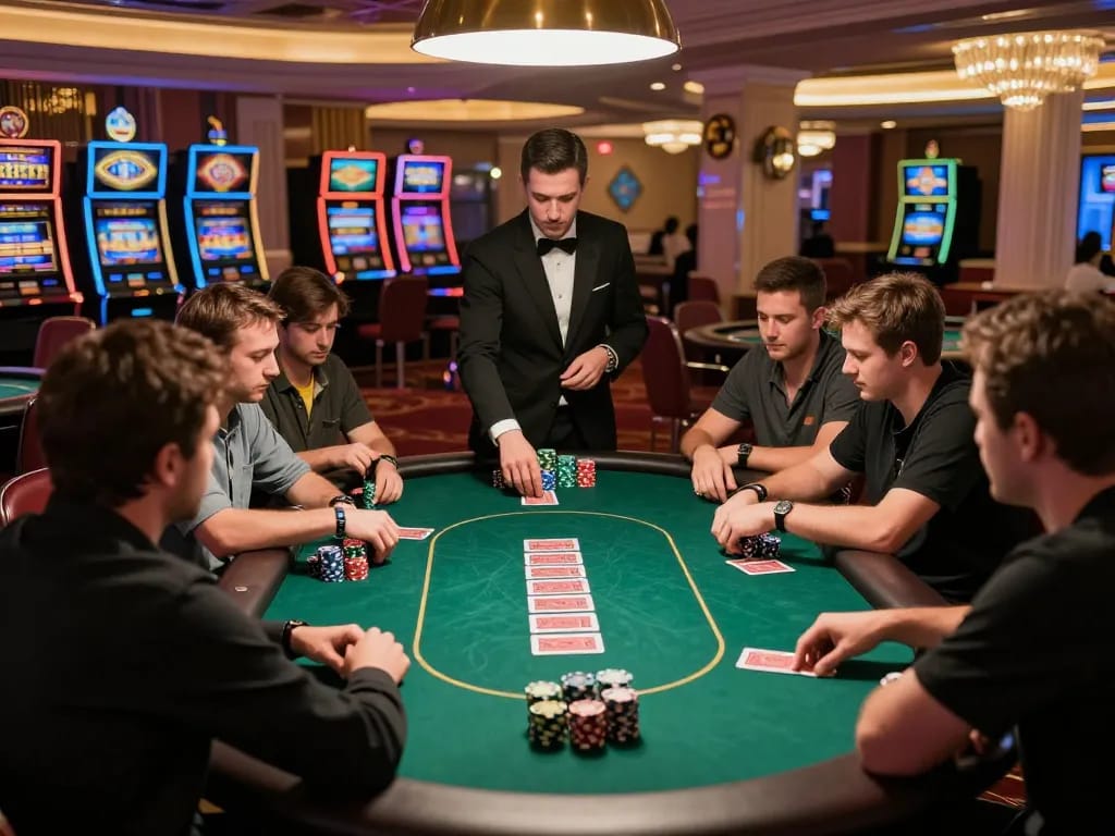Experienced players strategizing at a poker table in a luxury casino, showcasing 79king2 excitement in high-stakes gameplay.