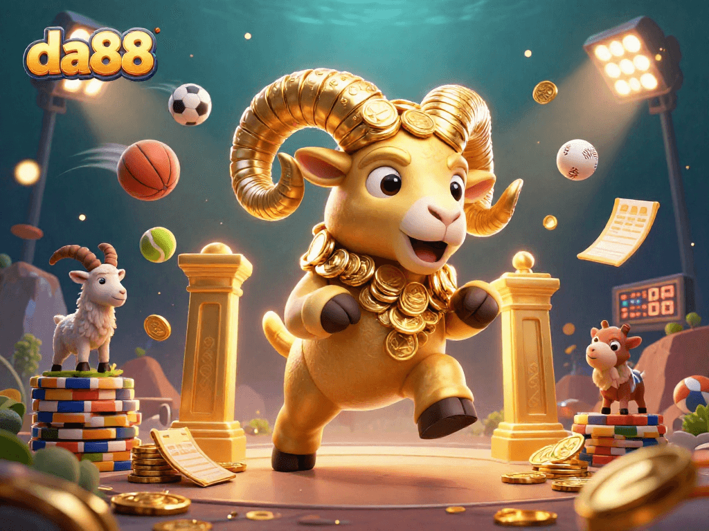 Experience the excitement of da88 with a golden ram charging through a vibrant casino scene.