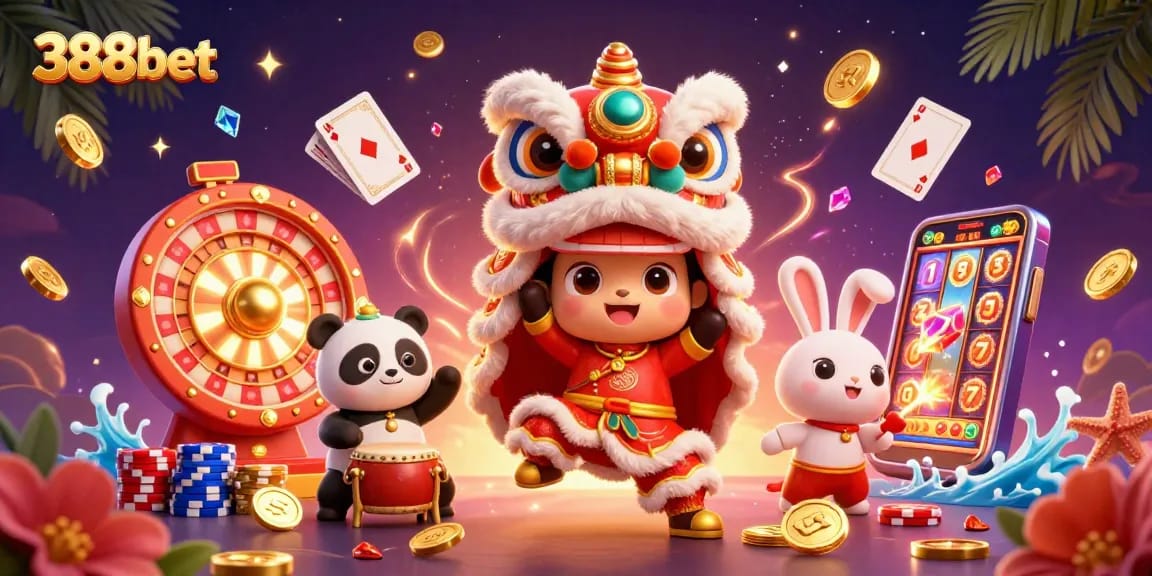 Experience the thrill with 388bet featuring lively characters in a casino setting, showcasing spirited games.