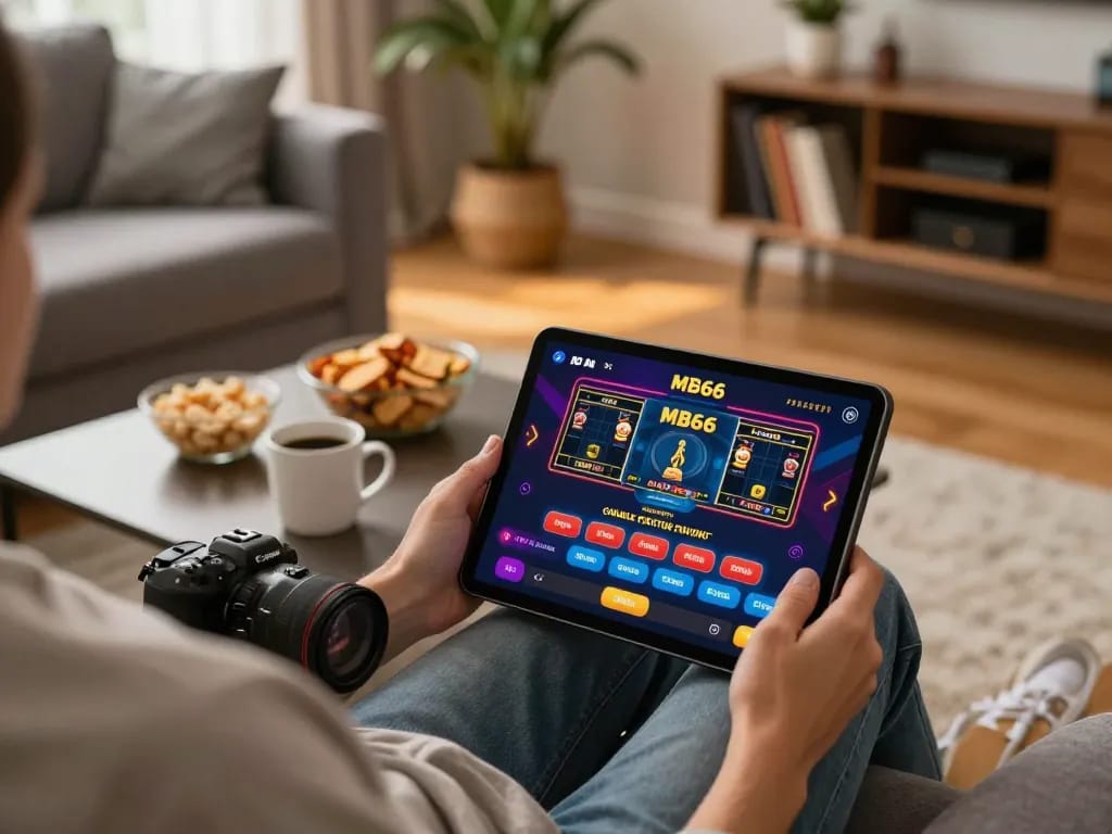 Engaging with the MB66 app for online gambling on a tablet at home, showcasing a cozy casino experience.
