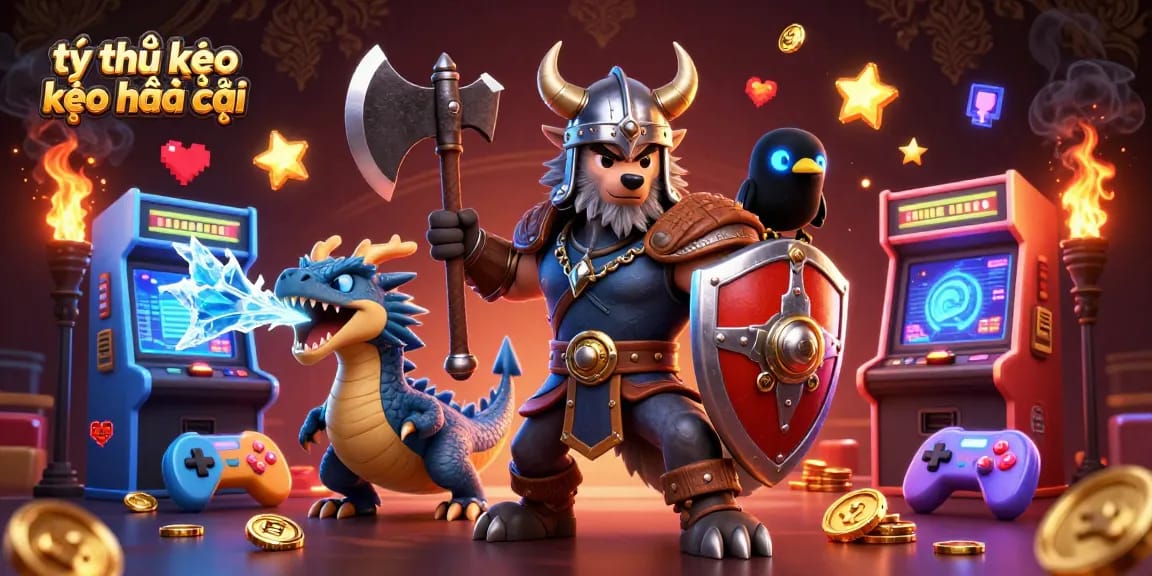 Engage with tỷ lệ kèo kèo nhà cái through this dynamic illustration featuring a Viking wolf warrior, fierce dragon, and arcade elements.