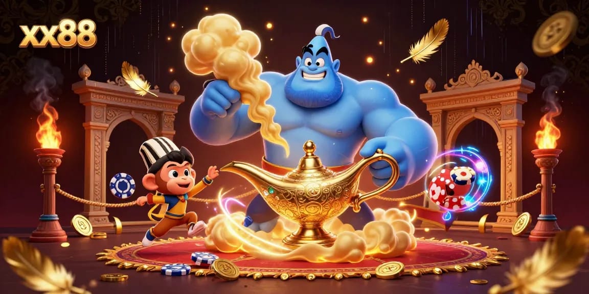 Betting on xx88 with a genie and monkey in a vibrant casino atmosphere filled with gold coins.