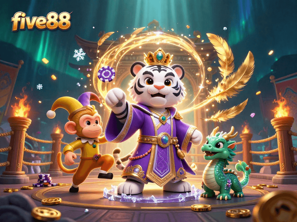 Experience the excitement of five88 with a dynamic scene of gaming mastery and vibrant characters.