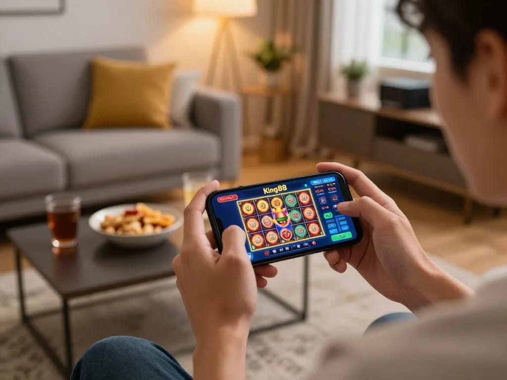 Playing exciting games on the King88 app in a cozy home environment with casual snacks.