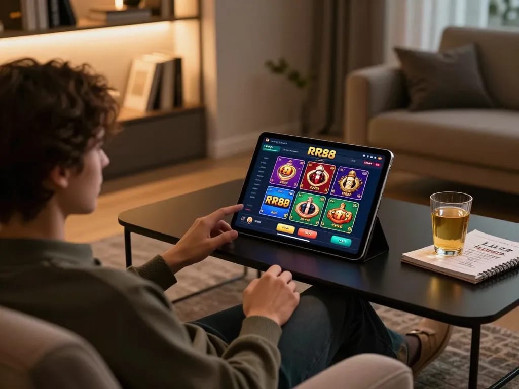 Engaged player exploring the RR88 app for online gambling at a cozy home setup.