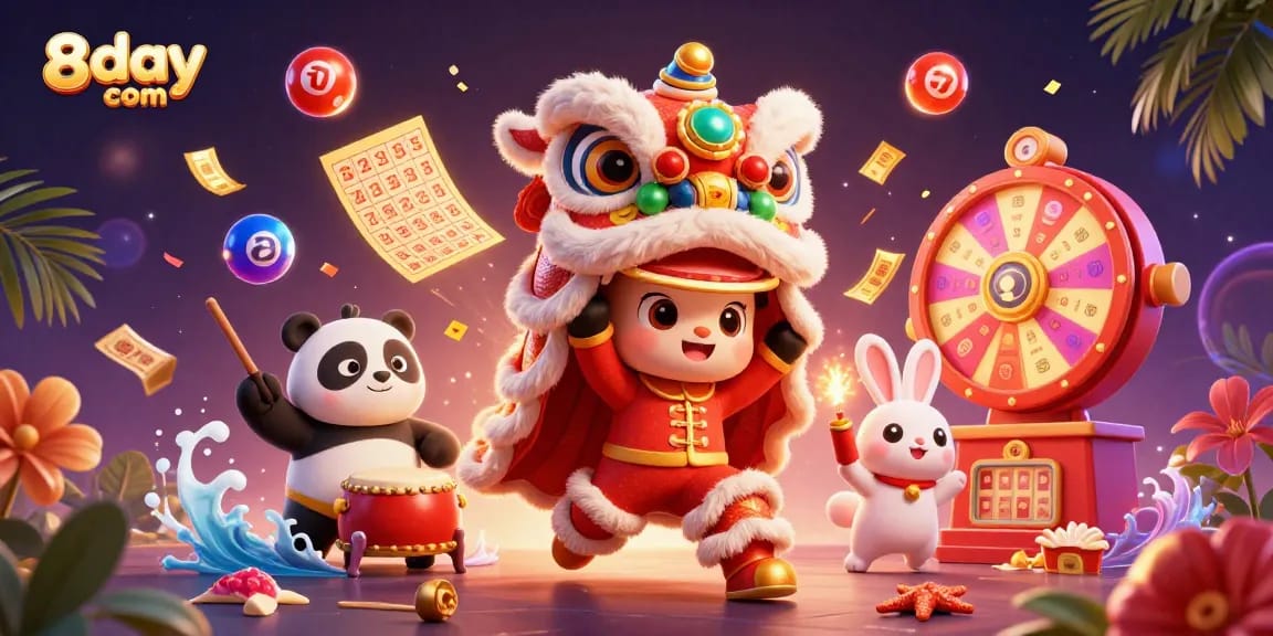 Experience thrilling gameplay at 8day com with vibrant lottery balls, lucky characters, and exciting casino atmosphere.