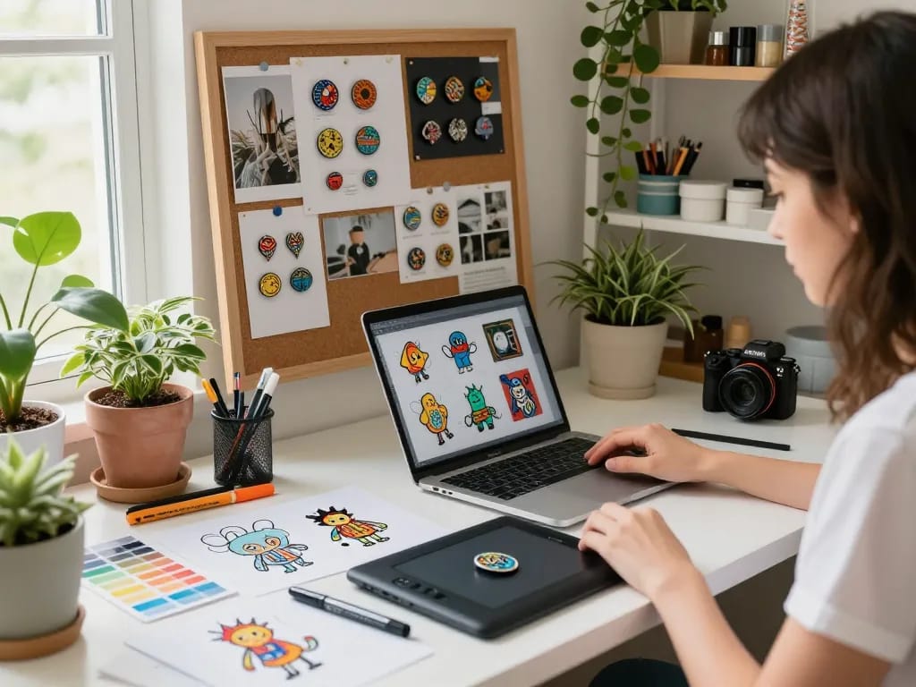 Designer creating individuelle pins in a vibrant, artistic workspace with colorful sketches and inspiration.