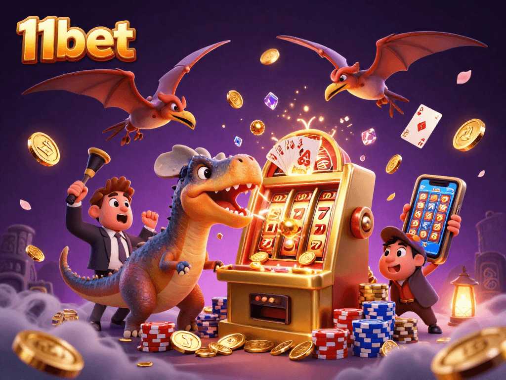 11bet showcases a cartoon dinosaur headbutting a slot machine, surrounded by coins and casino elements.