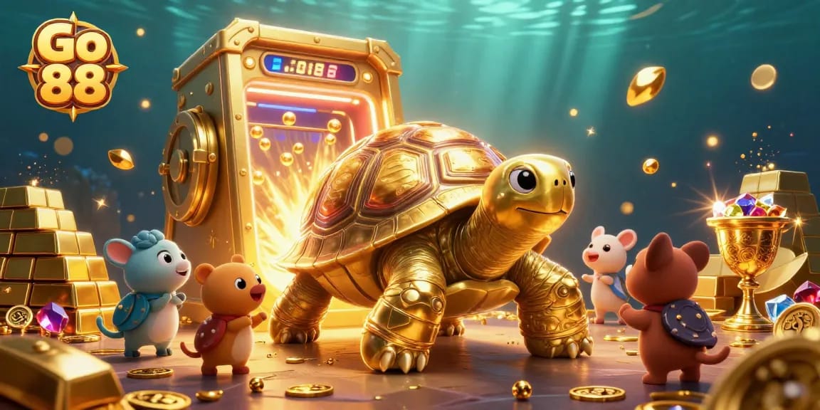 Experience the excitement of Go 88 with a vibrant casino-themed illustration featuring lively characters and dazzling treasures.