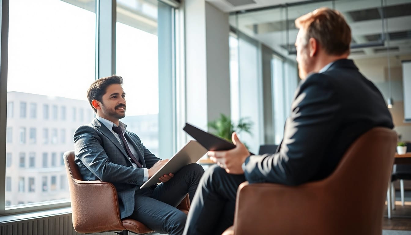 Professioneller Headhunter Düsseldorf berät einen Kunden in modernem Büro.