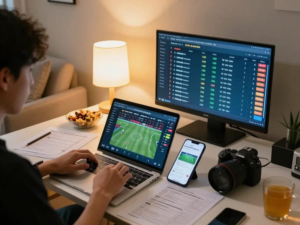 Check tỷ lệ kèo nhà cái from home with a laptop setup for sports betting excitement
