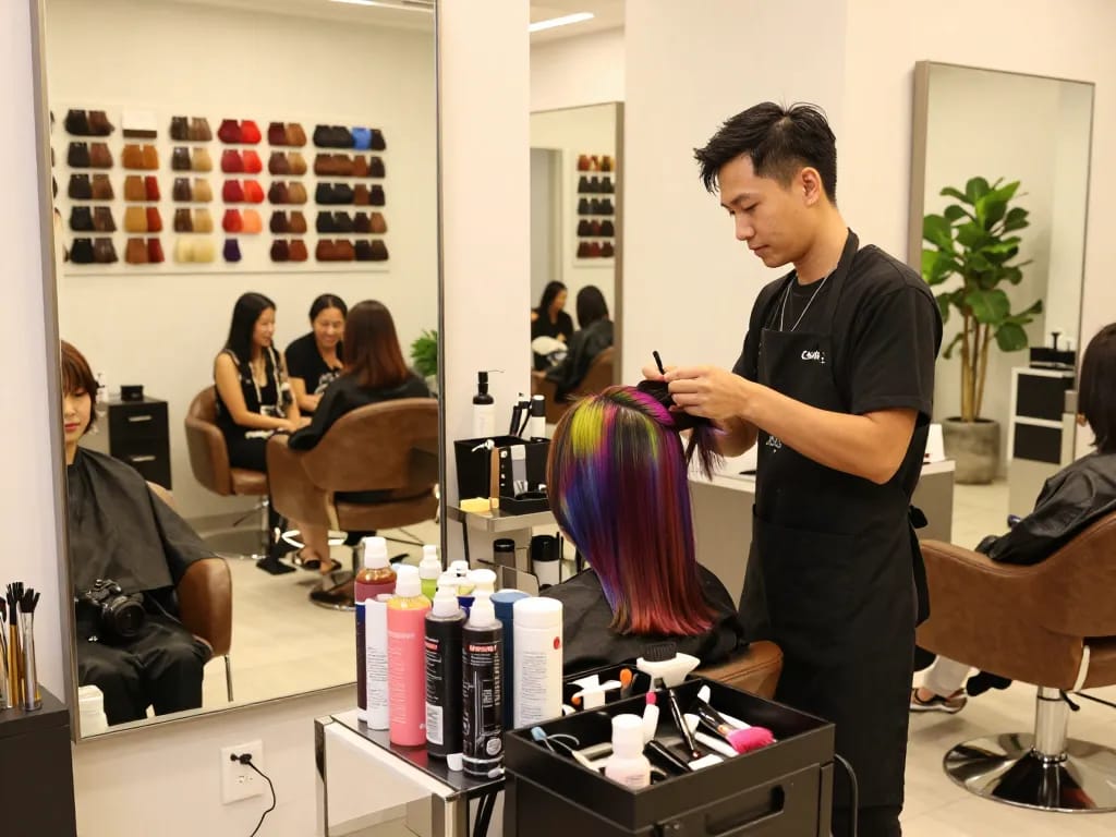 Hair colourist Singapore applying vibrant dye in a modern salon setting.