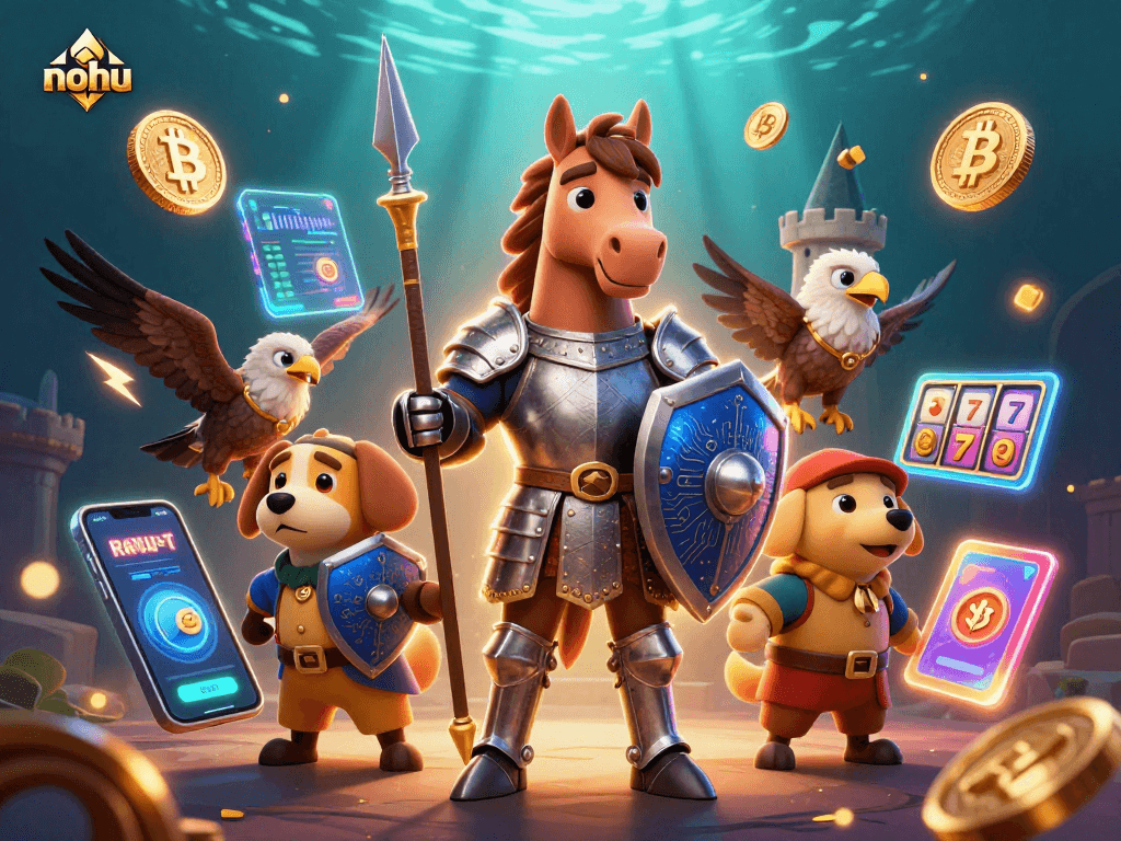 Nohu's thrilling casino adventure showcases a knight and friends amidst glowing crypto elements, evoking excitement.