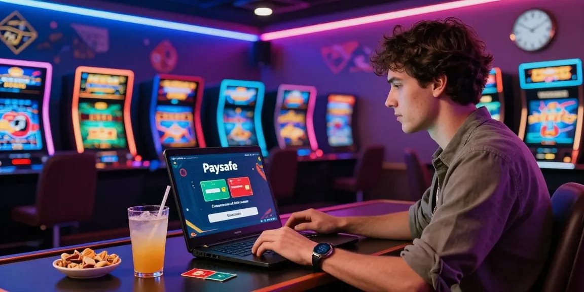 Spieler nutzt Paysafe Card Casino am Laptop, gefüllt mit Spielgrafiken und lebendiger Atmosphäre.