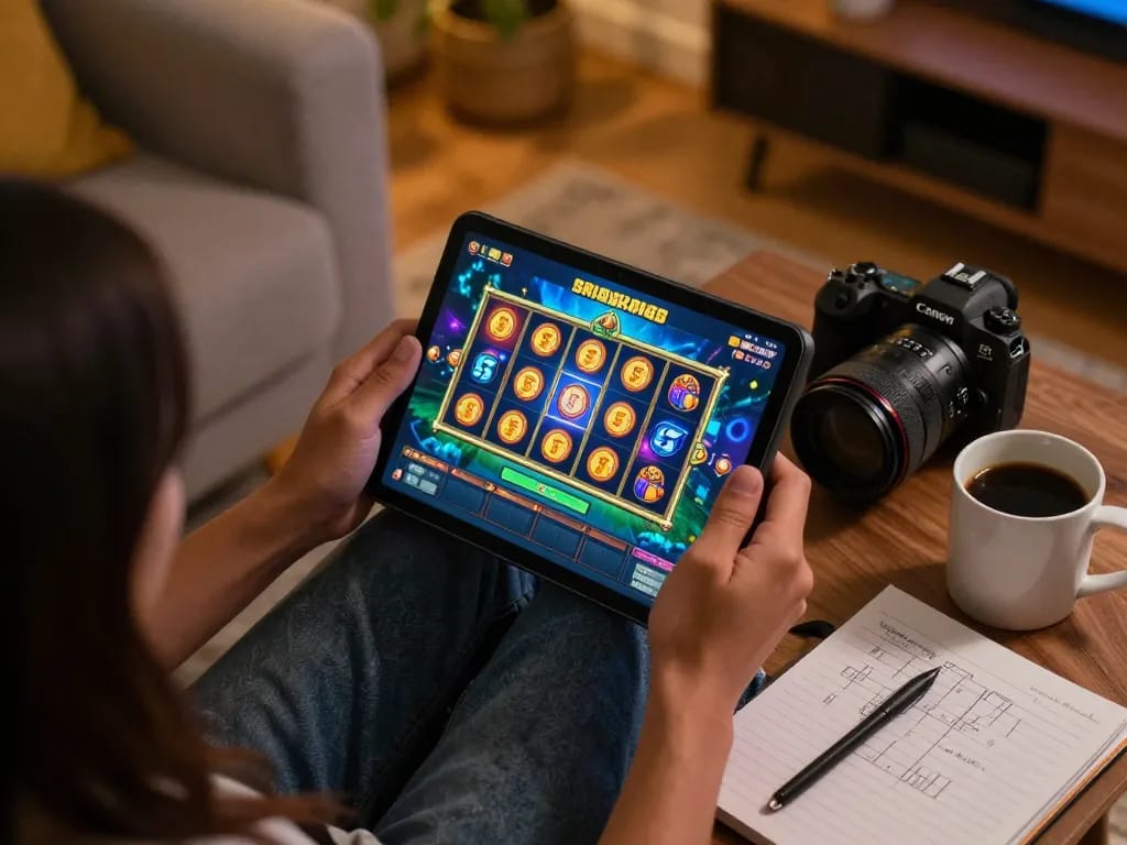 Engaging with sin88 slot on a tablet in a cozy home setting, showcasing a dynamic gaming experience.