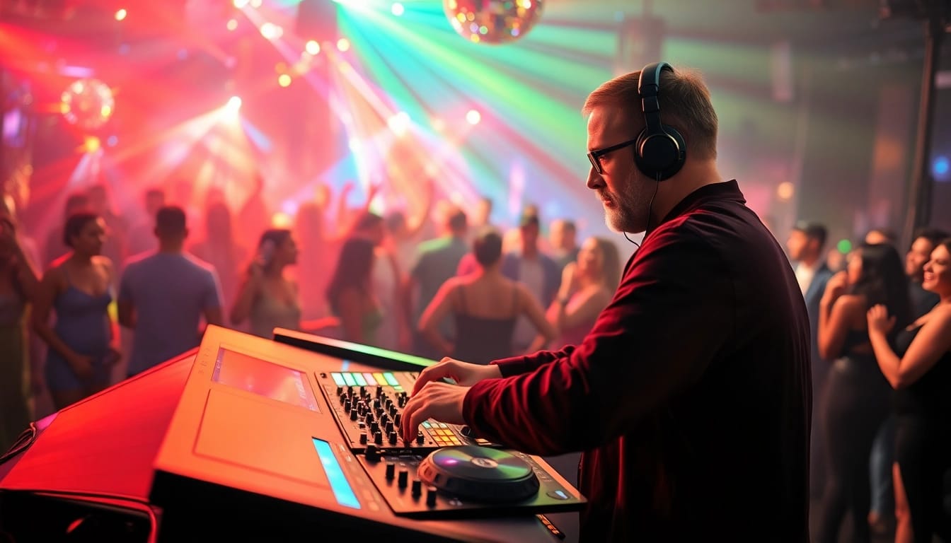 DJ in München performing at a vibrant nightclub with a lively crowd.