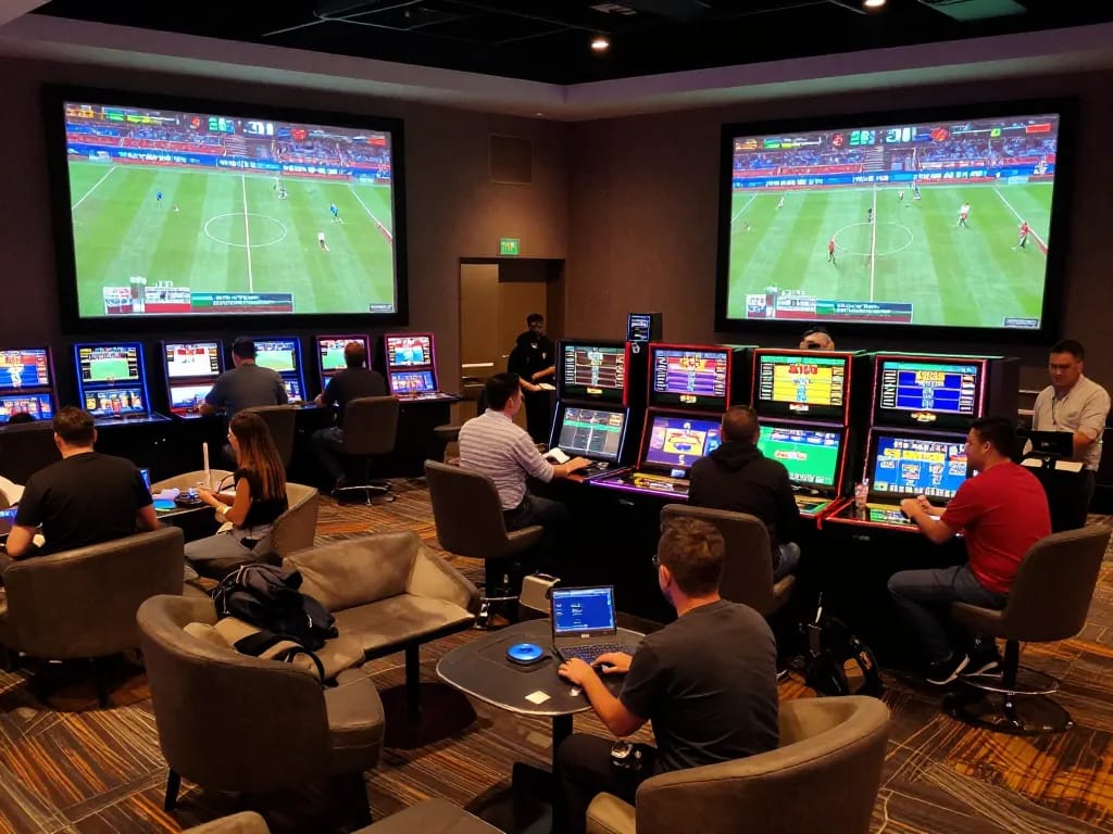 Fans engaging in live sports betting at MK8 casino with thrilling atmosphere and multiple screens.