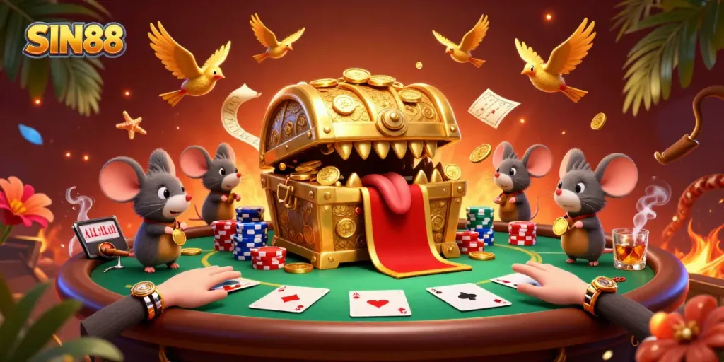 Engage with SIN88 through an immersive 3D illustration featuring golden treasure and poker elements.