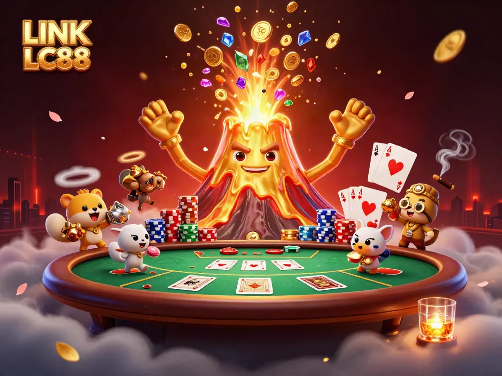 Experience the thrill of gaming at LINK LC88 with a dynamic 3D casino scene filled with treasure.