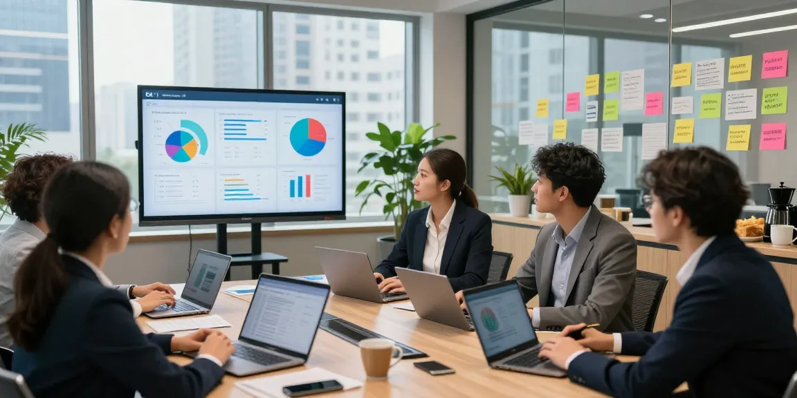 Team arbeitet an Online-Marketing-Strategien in einem modernen Konferenzraum mit visuellen Hilfsmitteln und angezeigten Kennzahlen.