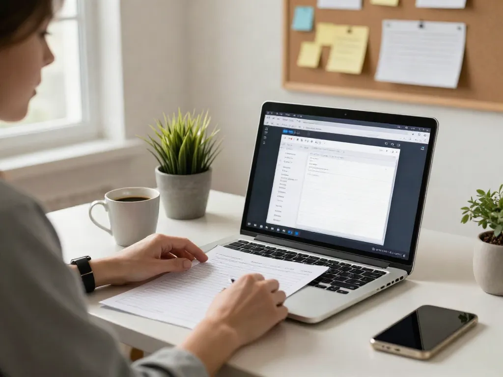 Produktives Home-Office mit Office 2024 Home auf dem Laptop und inspirierenden Notizen im Hintergrund