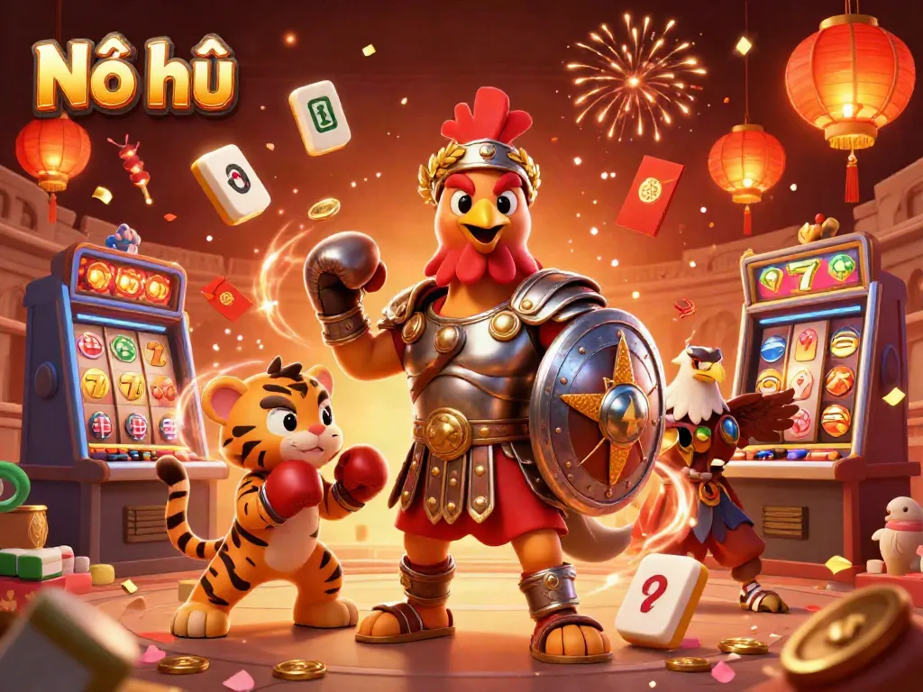 Experience Nổ hũ excitement with a dynamic 3D illustration of slot reels, rooster gladiator, and vibrant casino elements.