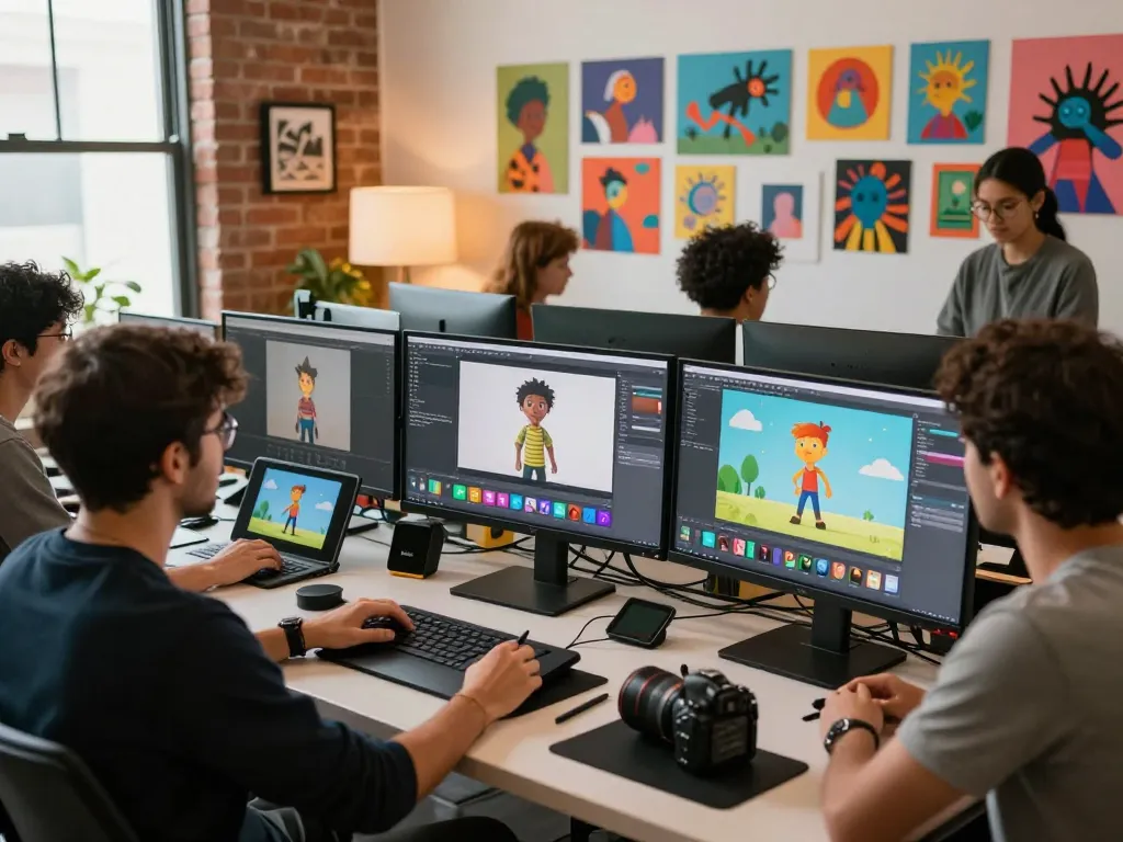 Creative studio showcasing motion control technology in action as artists animate characters with Kling 2.6, highlighting innovation.