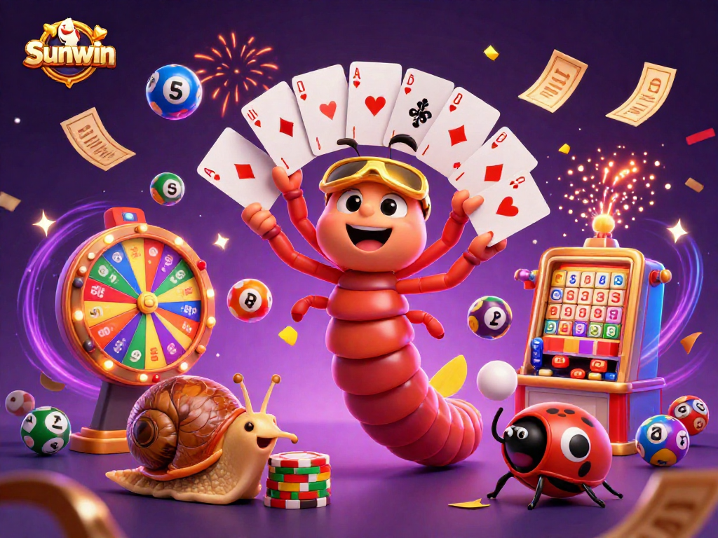 Experience the thrill of Sunwin with colorful lottery balls and animated characters in vibrant casino action.
