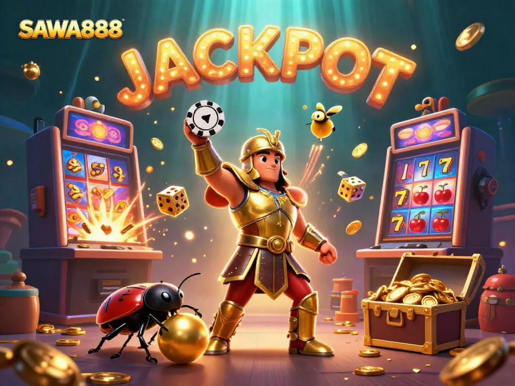 Experience the excitement of gaming with SAWA888 through this vibrant and dynamic illustration featuring a hero beetle and jackpot symbols.