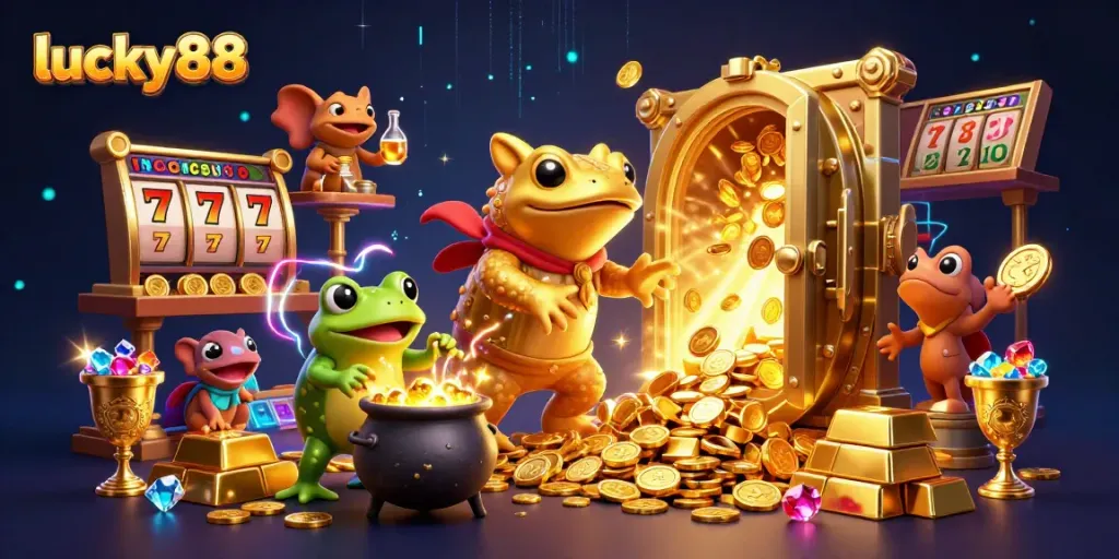 Experience the magic of lucky88 with a vibrant 3D casino scene filled with gold coins and jackpots.
