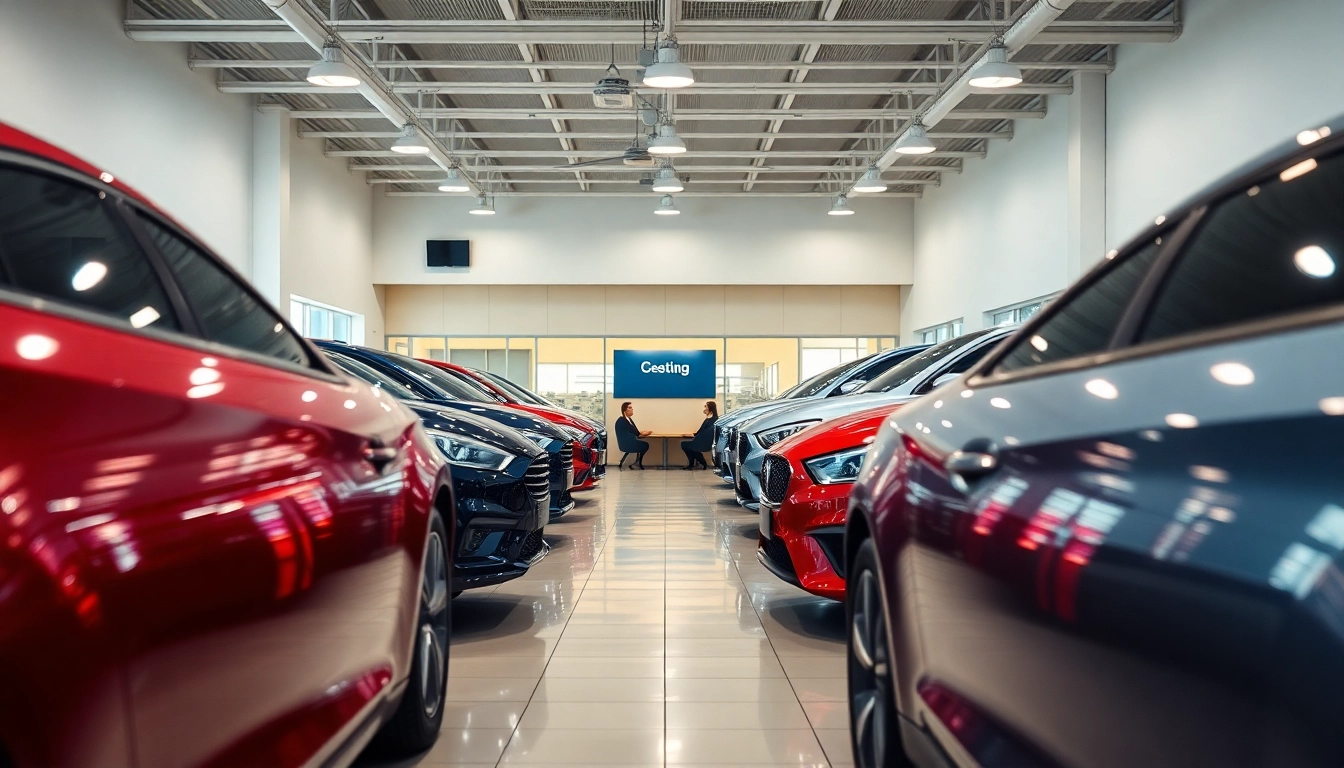 Auto kaufen in einem modernen Autohaus mit einer Vielzahl von Fahrzeugen ausgestellt.