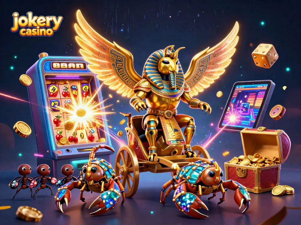 Experience the thrill of jokery casino with a dazzling illustration of a colossal scarab and casino elements.