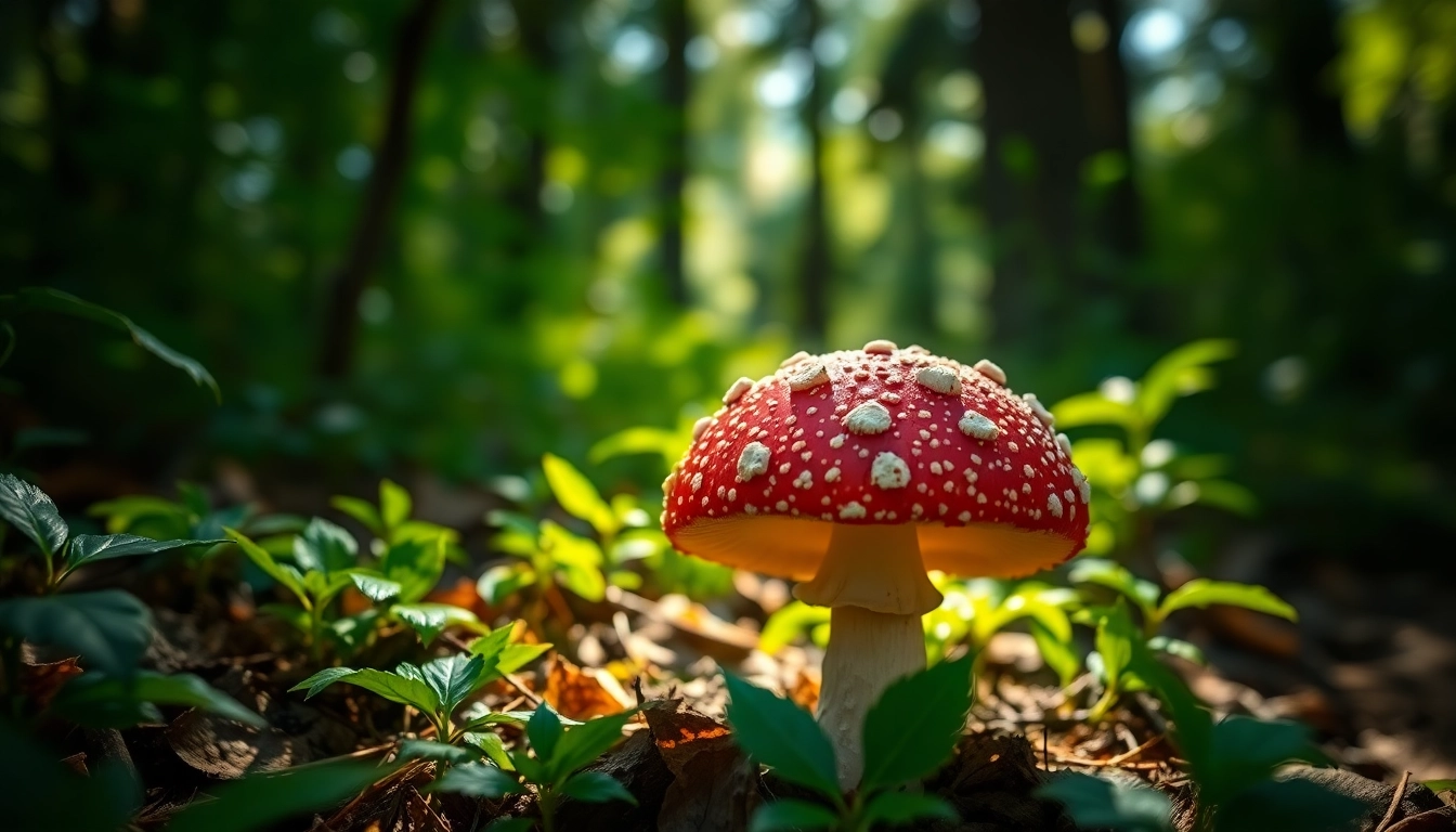 Entdecken Sie die Vitalität des Fliegenpilz Pulver in der Natur umgeben von Waldlandschaft.