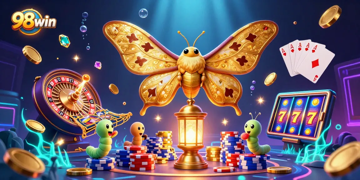 Experience the excitement of 98win with a vibrant 3D scene featuring casino elements and animated characters.