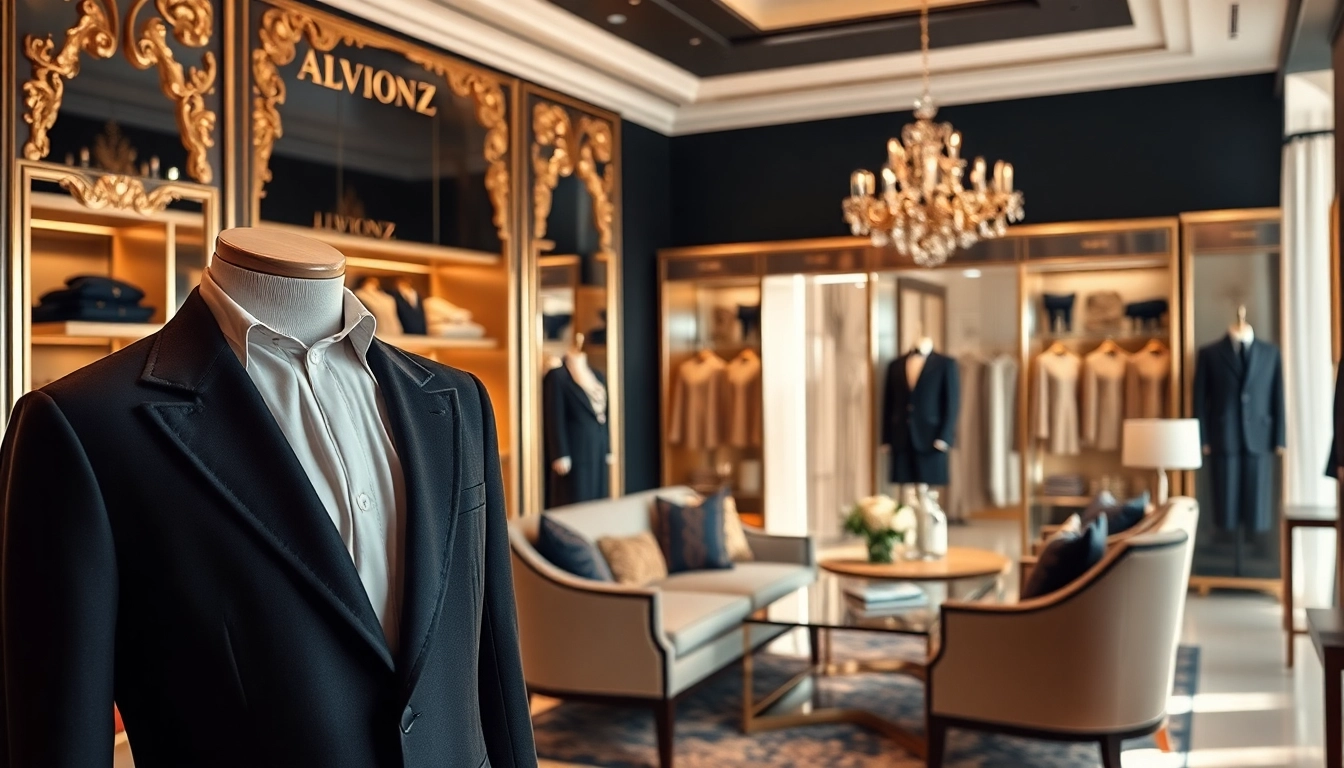Experience luxury fashion at Alvionz through a stunning boutique interior featuring exquisite garments.
