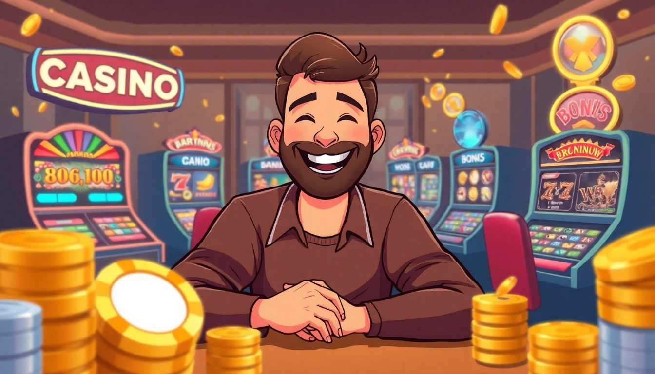 Spieler genießt seinen Bonus Casino Gewinn mit lächelndem Gesicht und fröhlicher Umgebung.