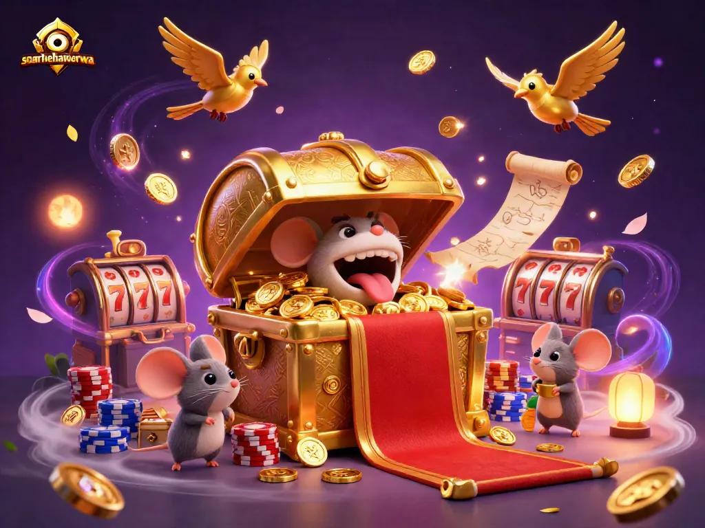 Engage with soarbehaviorwa as adventurer mice explore a vibrant treasure scene with slot reels, coins, and cards.
