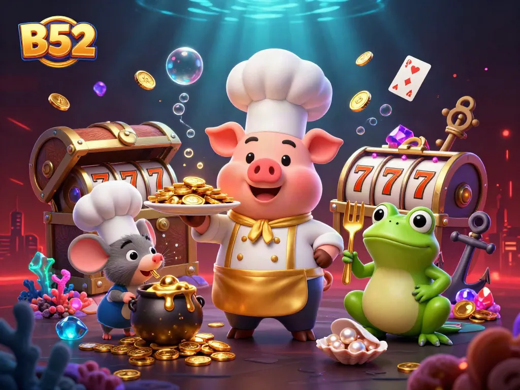 Engage with B52 gaming excitement featuring a chef pig serving gold coins amid dynamic slot reels.